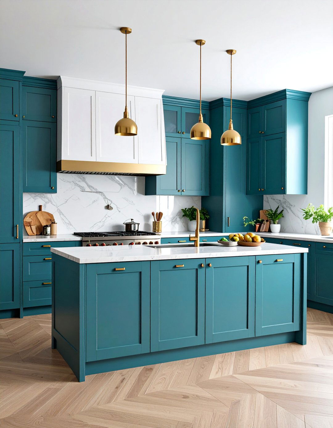 Teal and White Kitchen with Mixed Metal Finishes - 25 Teal and White Kitchen Ideas