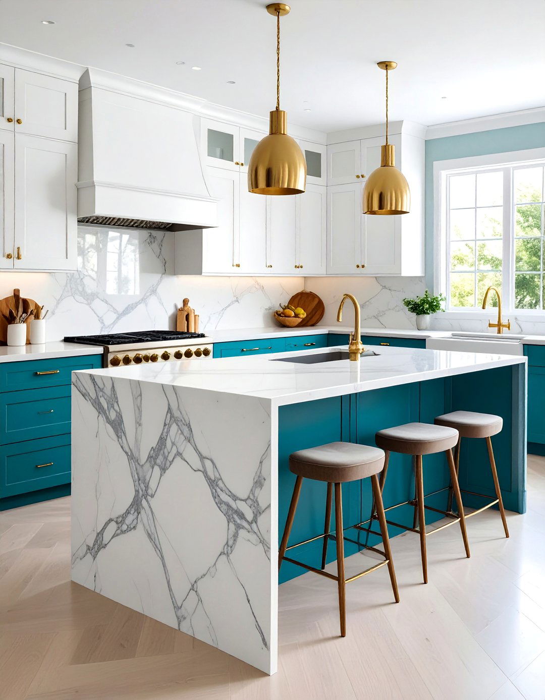 Teal and White Marble Waterfall Countertop - 25 Teal and White Kitchen Ideas
