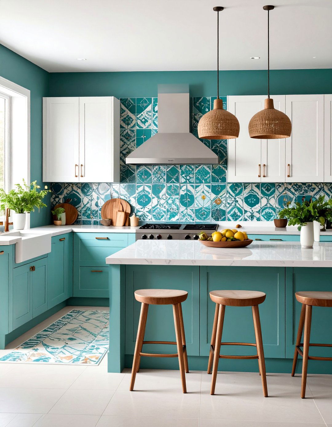 Teal and White Mosaic Tile Feature Wall - 25 Teal and White Kitchen Ideas