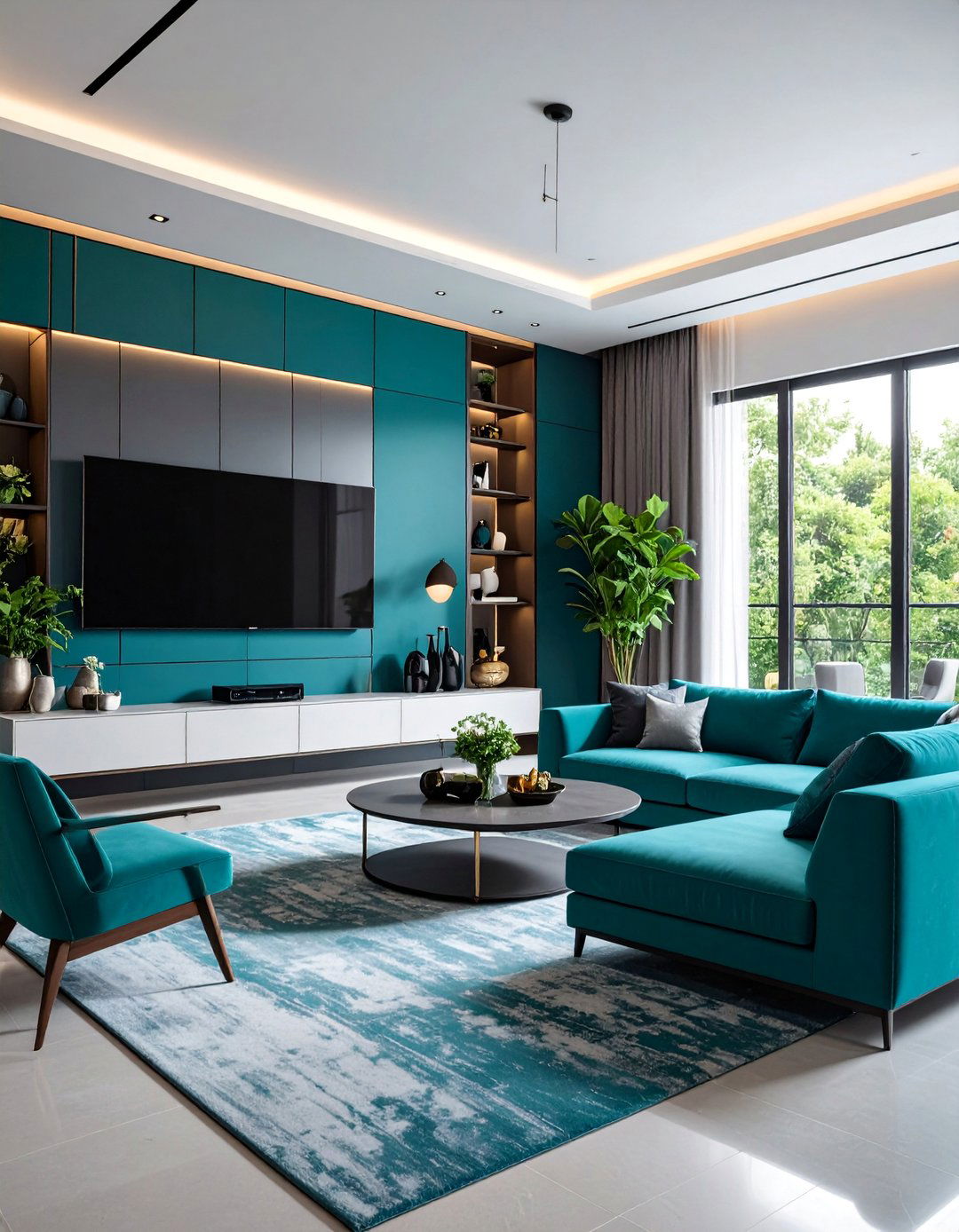 Tech Integrated Modern Living - 25 Teal and Grey Living Room Ideas