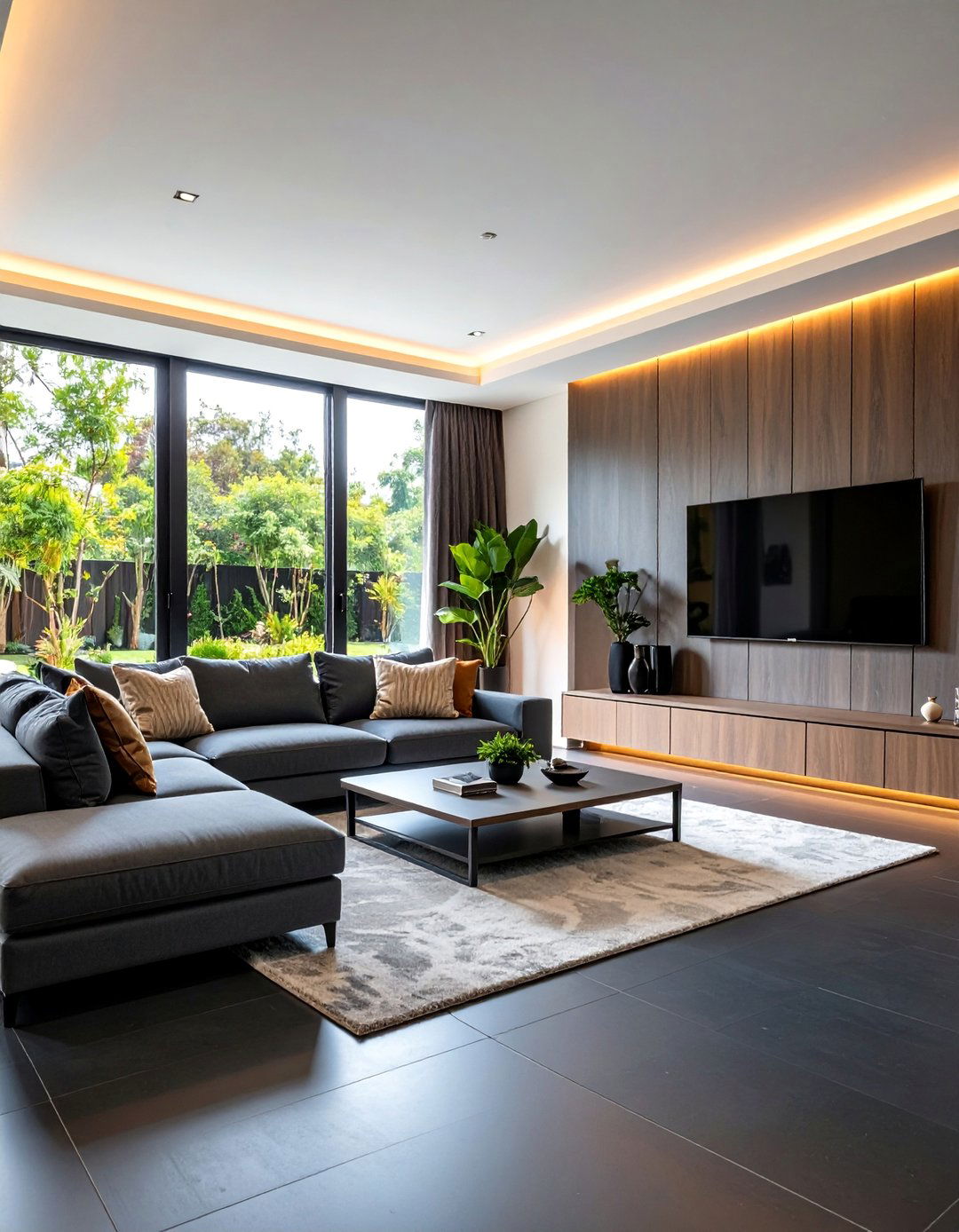 Tech Integrated Smart Black Floor Living Room - 25 Black Floor Living Room Ideas