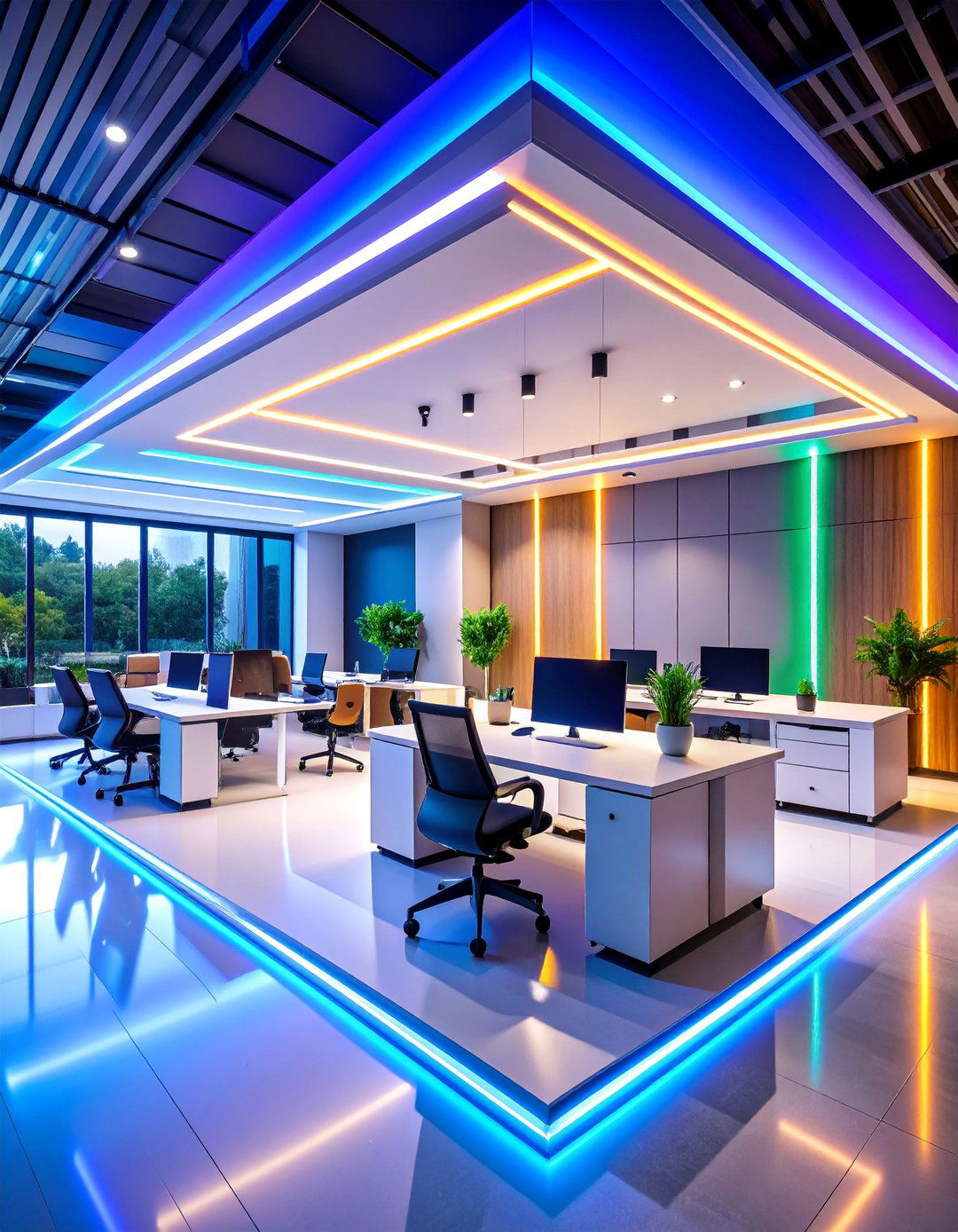 Tech Office with LED Strip Accent Wall Display - 25 Office Accent Wall Ideas