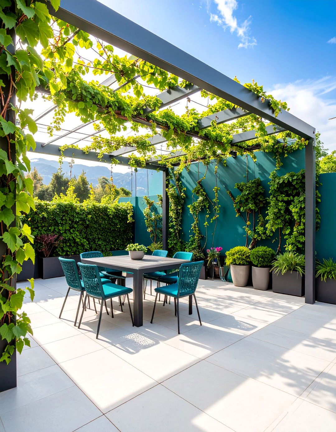 Tensioned Wire Trellis with Green Screen Plantings - 25 Patio Privacy Ideas