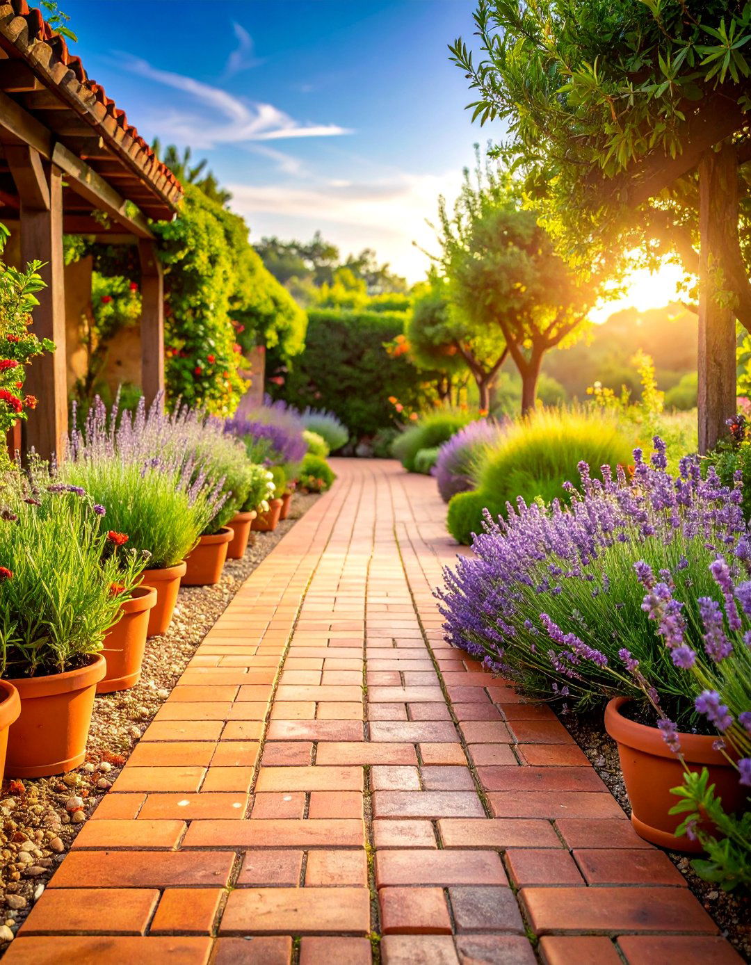 Terra Cotta Brick Pathway with Mediterranean Herbs - 25 Farmhouse Walkway Ideas