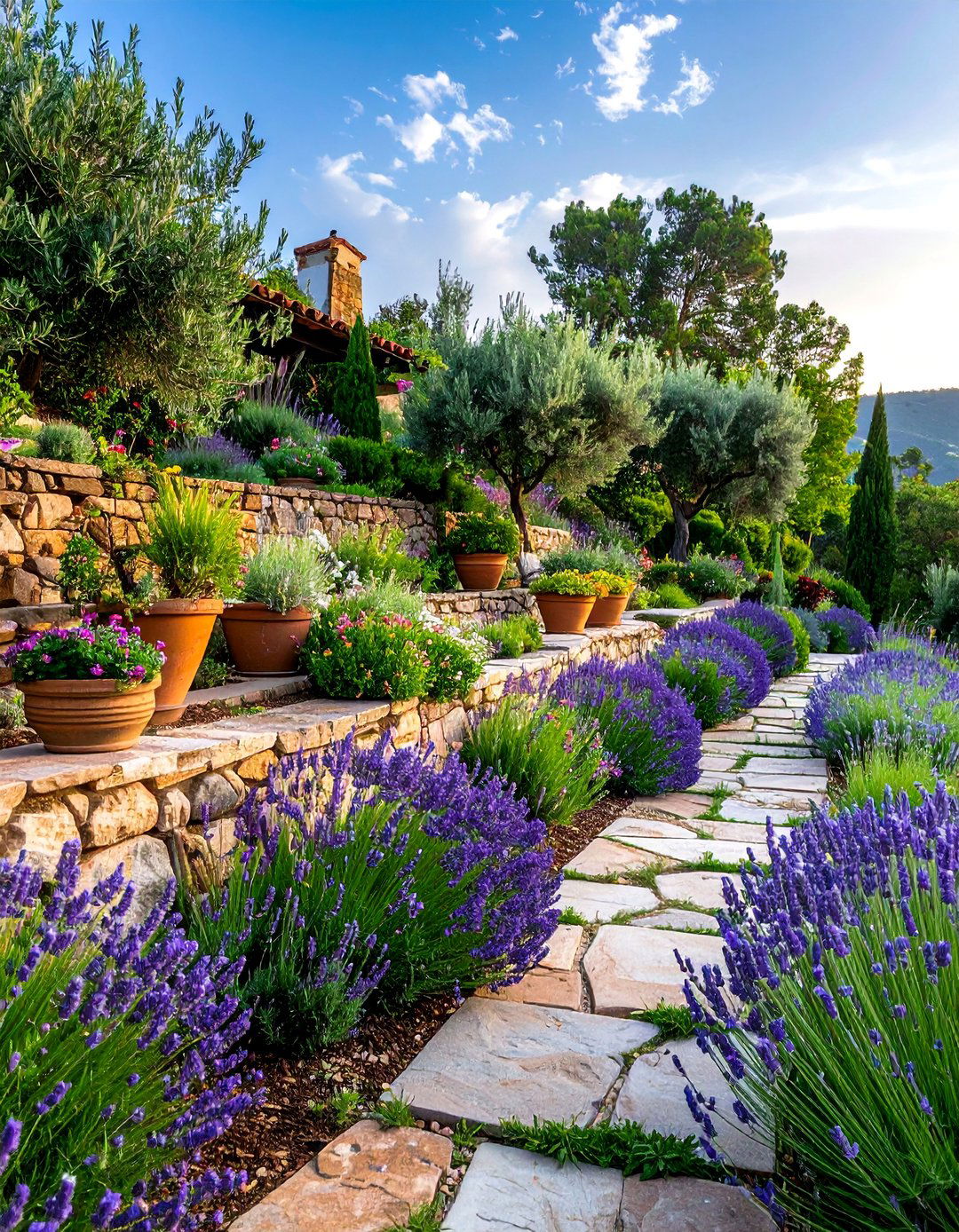 Terraced Mediterranean Garden with Stone Retaining Walls - 25 Down Sloped Backyard Ideas