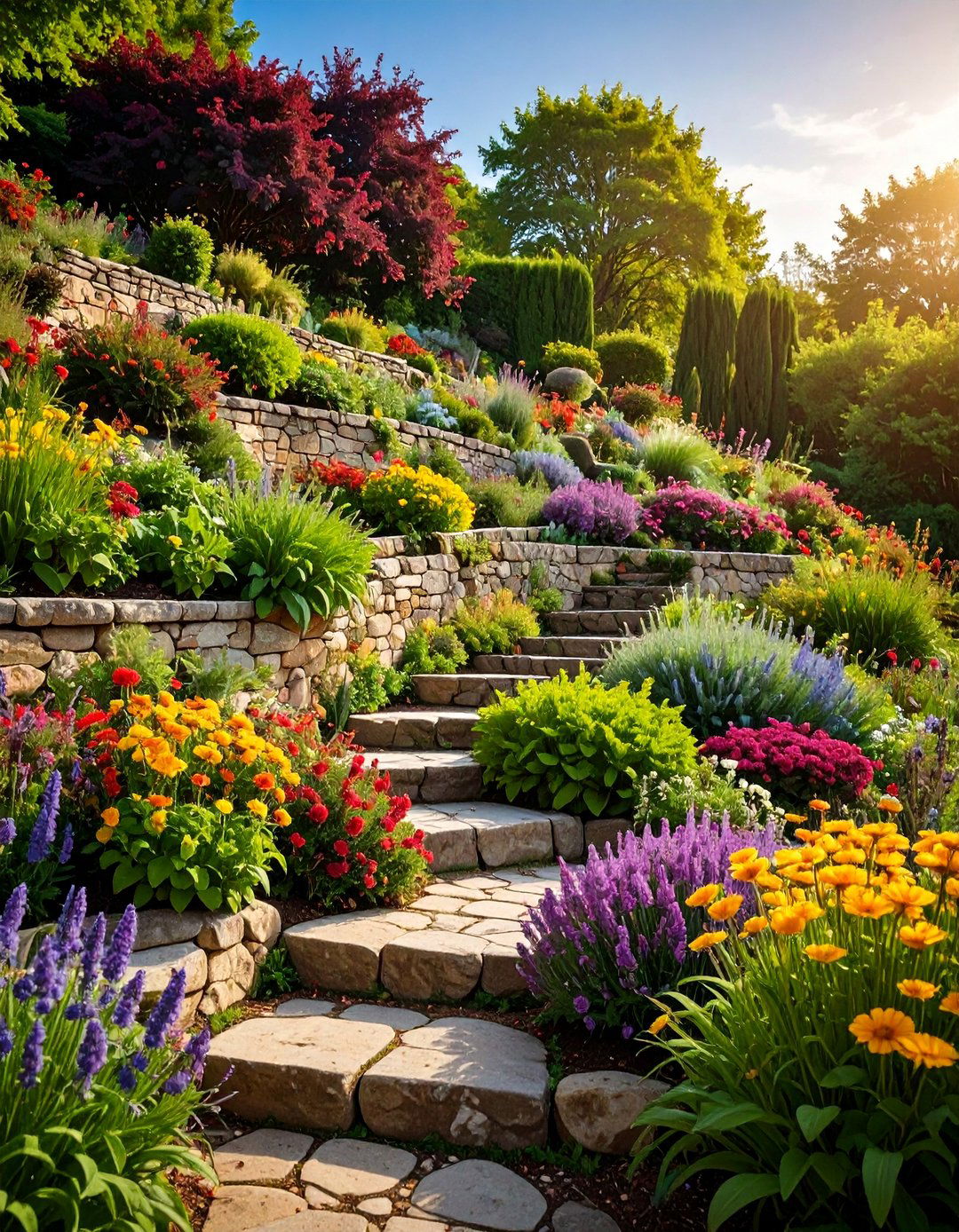 Terraced Stone Retaining Wall Garden - 25 Sloped Garden Ideas