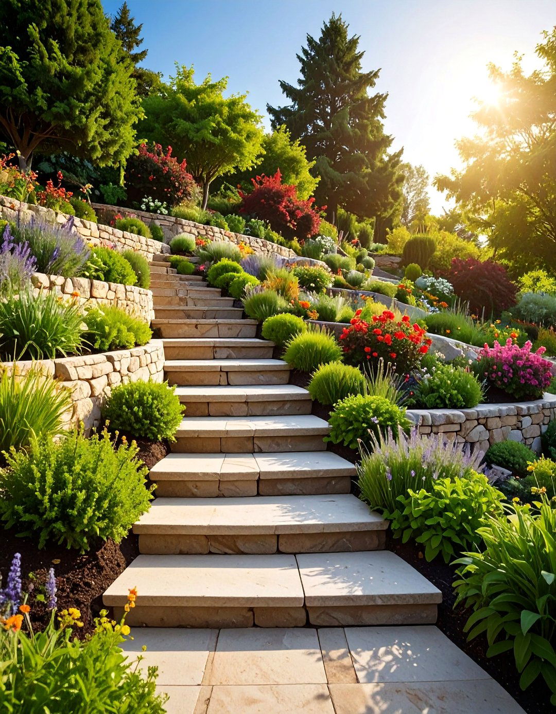 Terraced Stone Retaining Wall Garden - 25 Sloping Garden Design Ideas