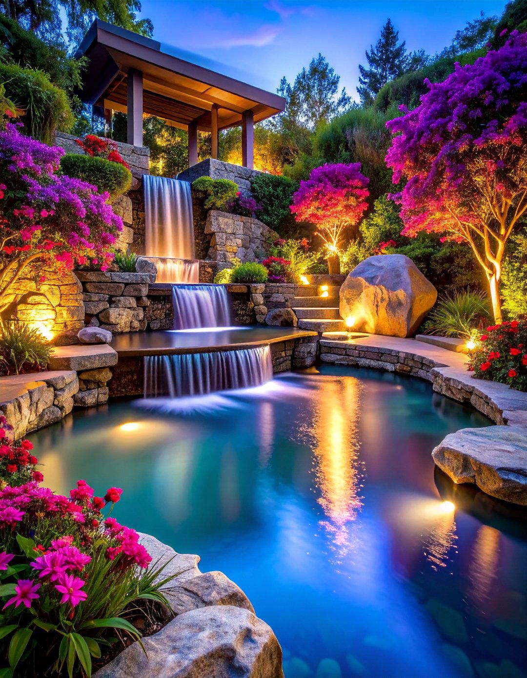 Terraced Waterfall Garden with Pond Features - 25 Terraced Garden Ideas