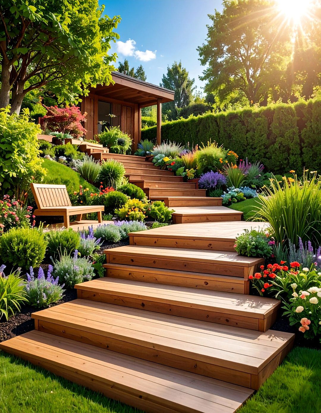 Terraced Wooden Steps with Landings - 25 Wooden Walkway Ideas
