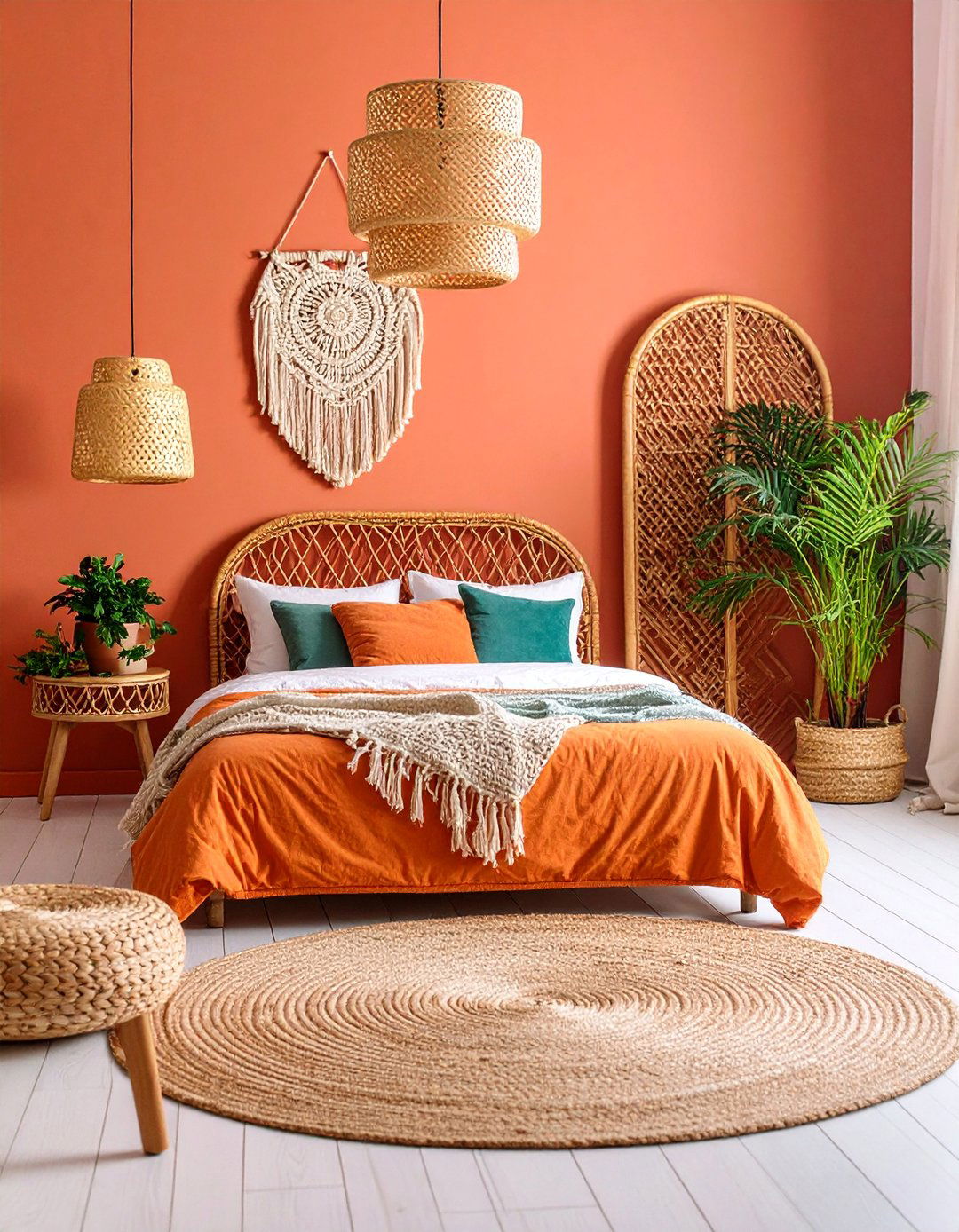 Terracotta Bedroom Featuring Woven Textures and Rattan - 25 Terracotta Bedroom Ideas