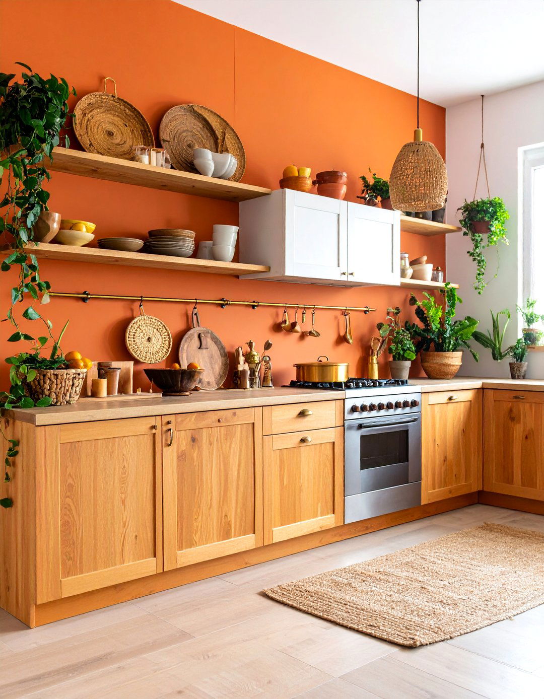 Terracotta Kitchen Accent Wall with Natural Wood - 25 Orange Accent Wall Ideas