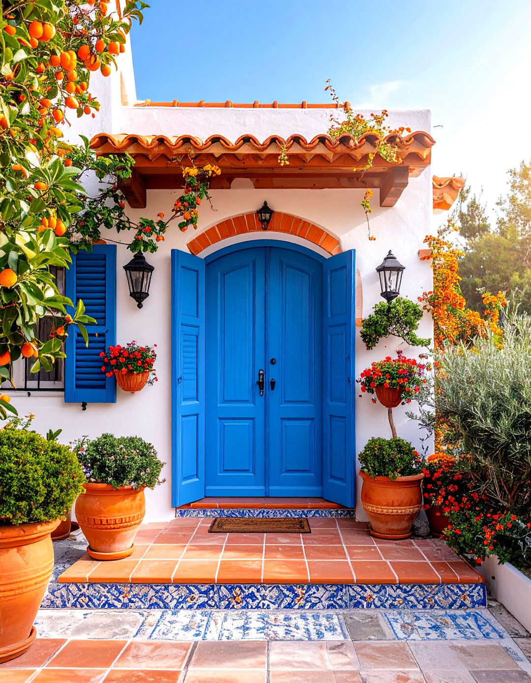 Terracotta Painted Door with Blue Accents - 25 Mediterranean Front Door Ideas