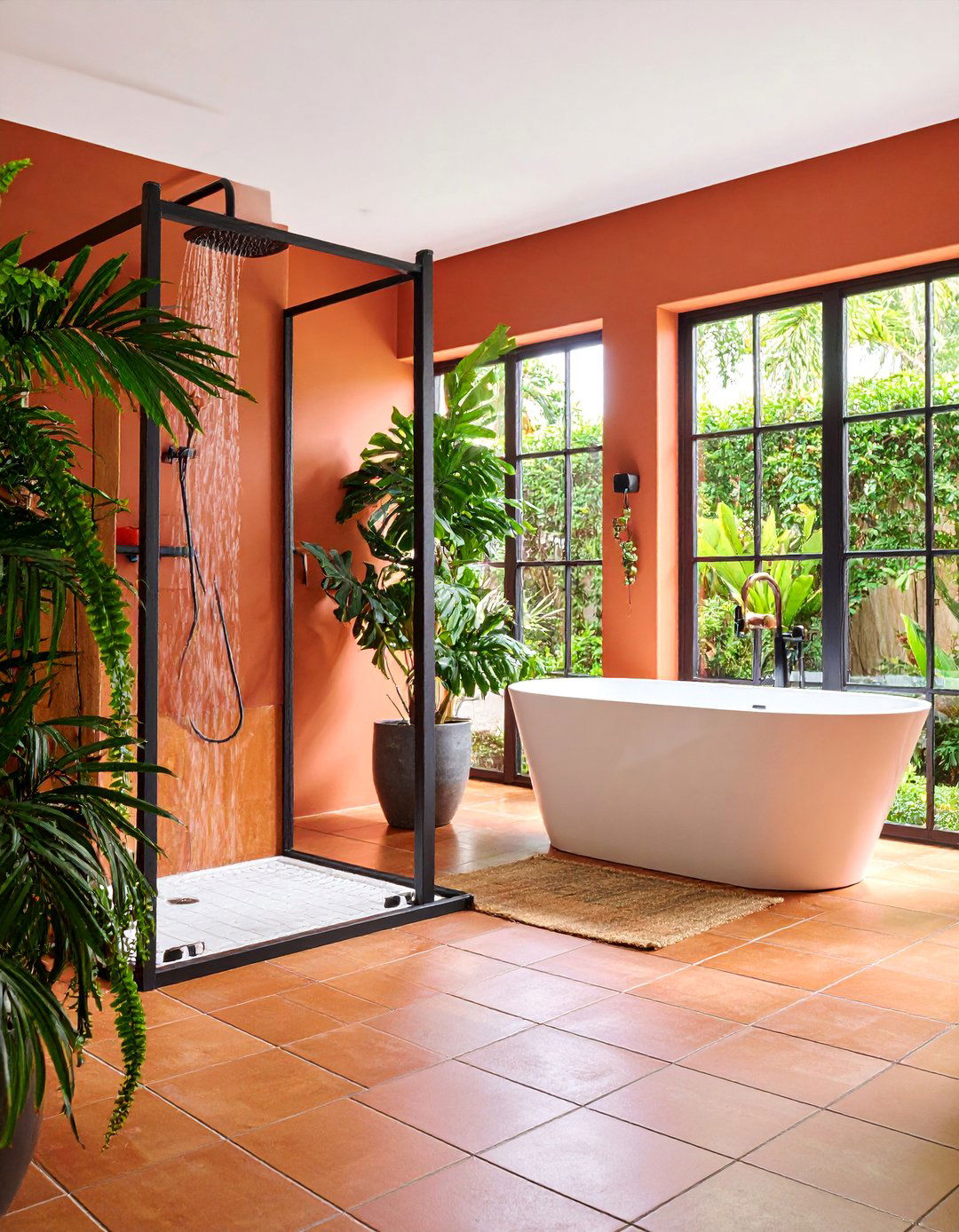 Terracotta Tile Floors with Black Metal Framework - 25 brown and black bathroom ideas