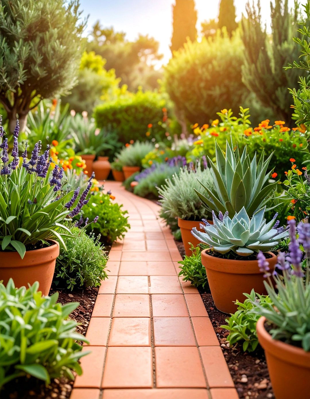 Terracotta Tile Garden Border with Mediterranean Plants - 25 Low Maintenance Garden Border Ideas