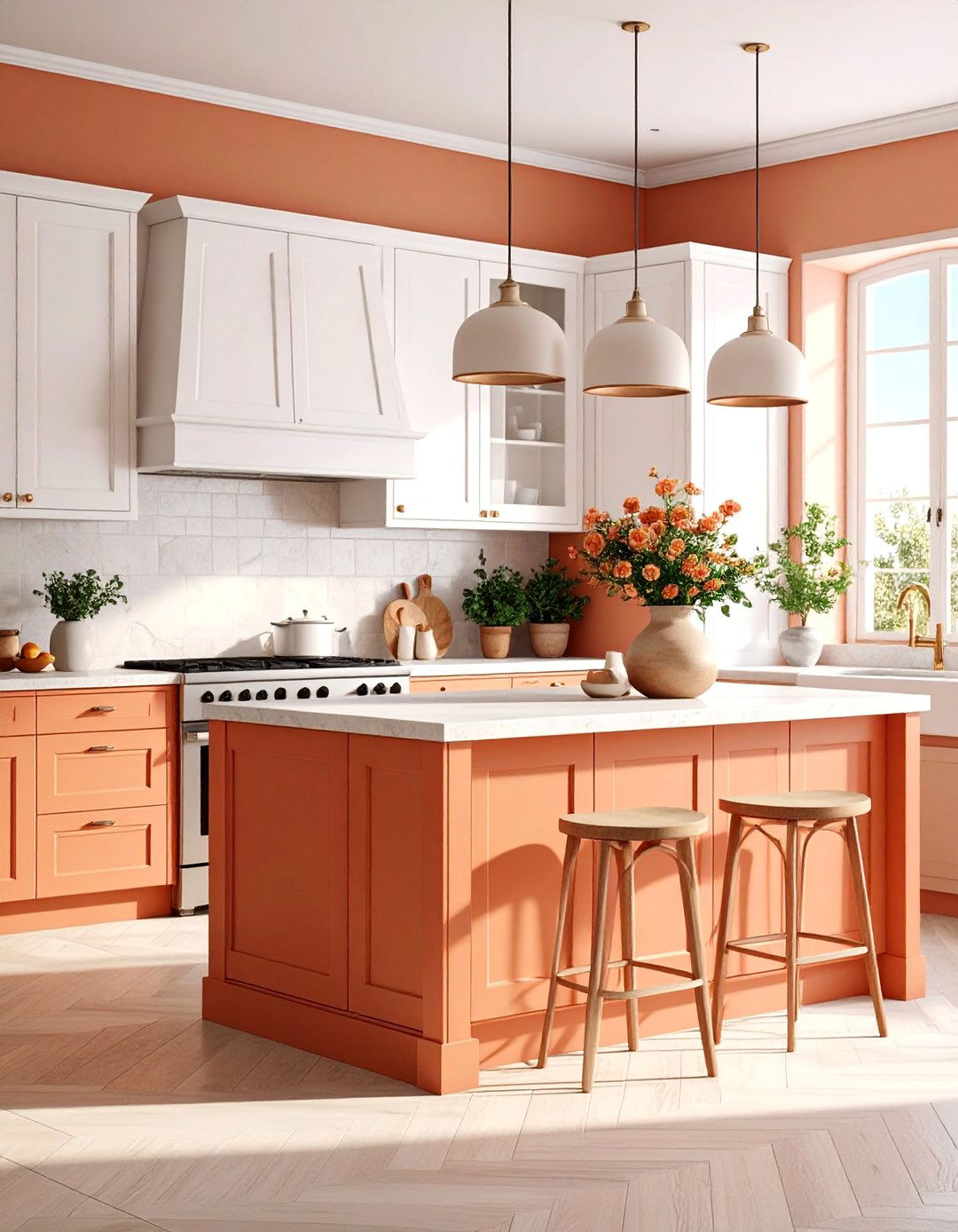 Terracotta and White Mediterranean Kitchen - 25 Two Tone Kitchen Cabinet Ideas