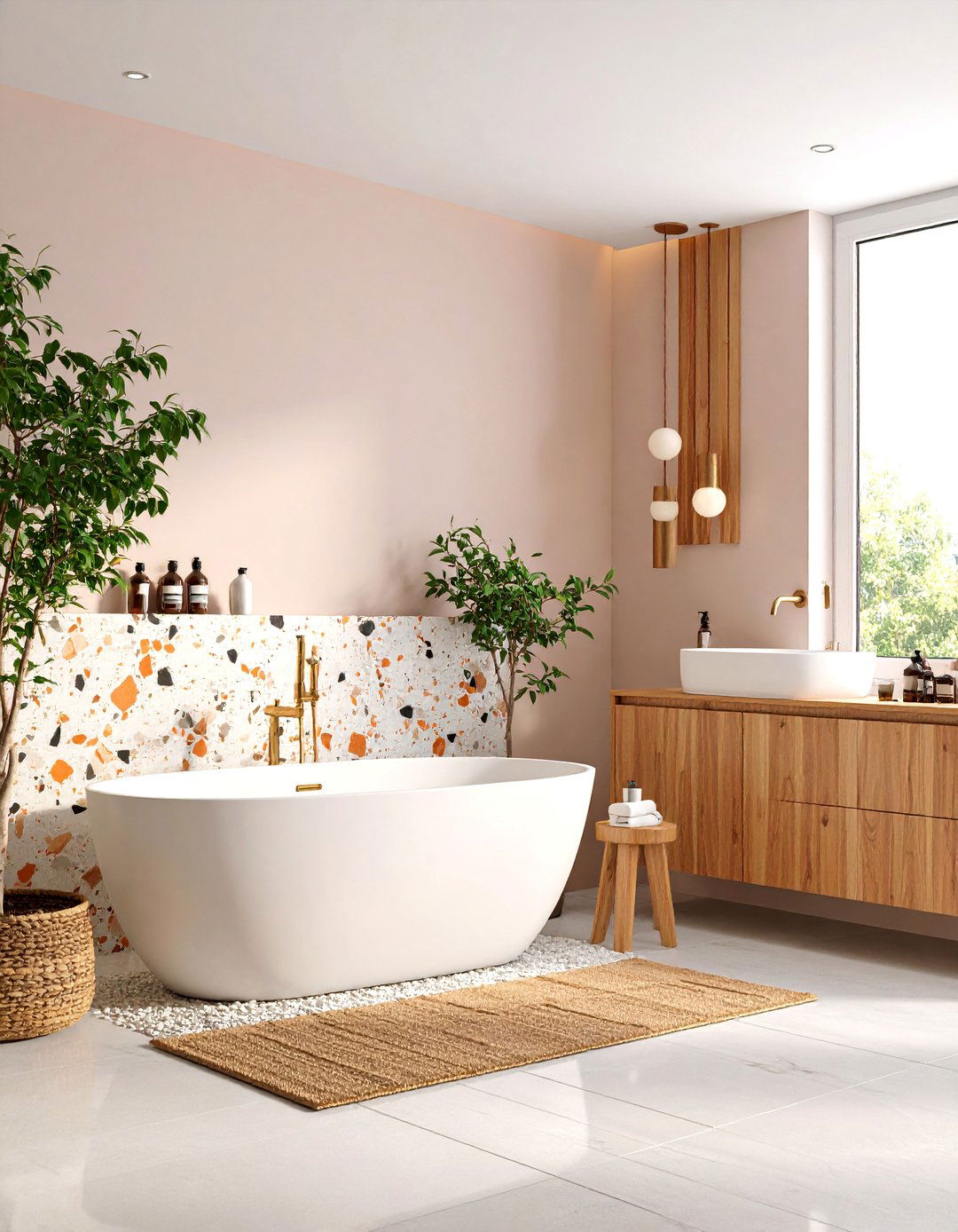 Terrazzo Accent Wall with Warm Neutral Tones - 25 Bathroom Wall Ideas