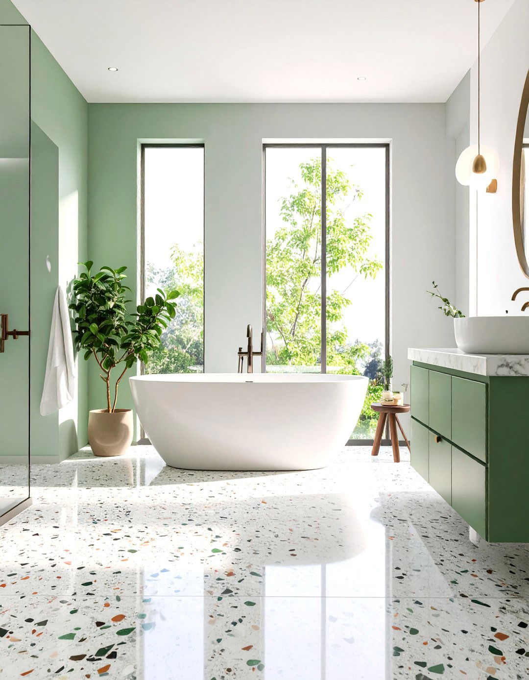 Terrazzo Floors with Green Cabinets - 25 black, white and green bathroom ideas