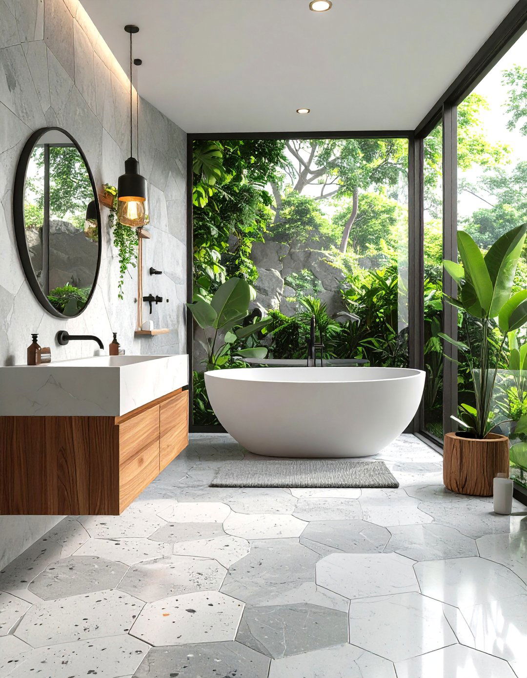 Terrazzo Hexagon Floor with Natural Stone Walls - 25 Hexagon Tiles Ideas for Bathrooms