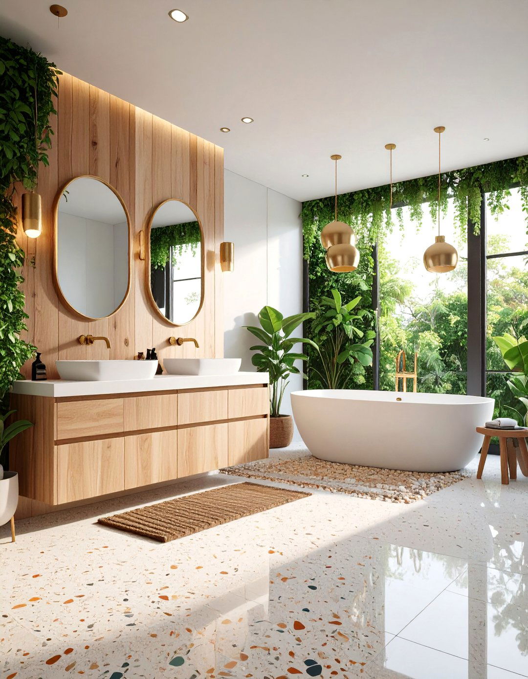 Terrazzo Stone Accent Bathroom - 25 Japandi Bathroom Ideas