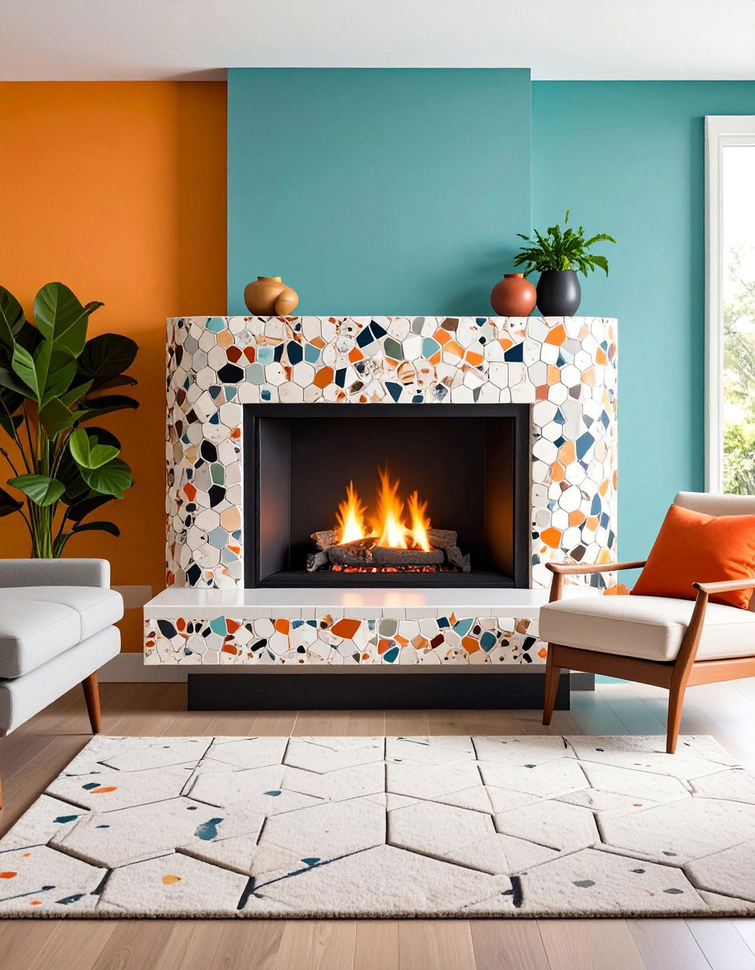 Terrazzo Tile Geometric Fireplace - 25 Mid-century Modern Fireplace Ideas