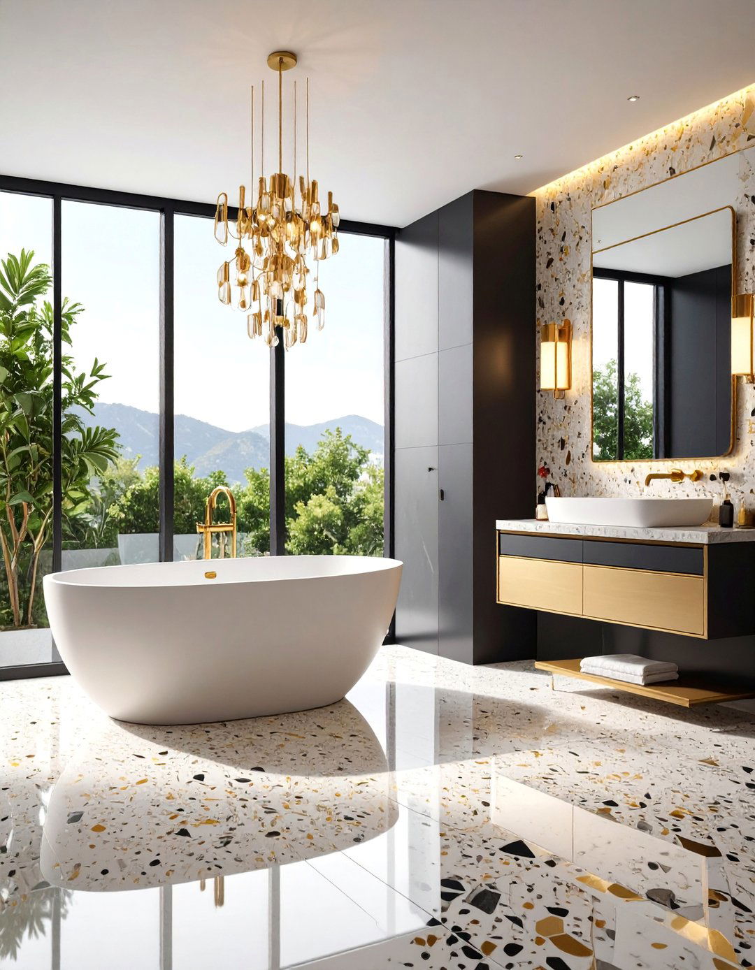 Terrazzo and Brass Bathroom with Geometric Tiles - 25 Art Deco Interior Design Ideas