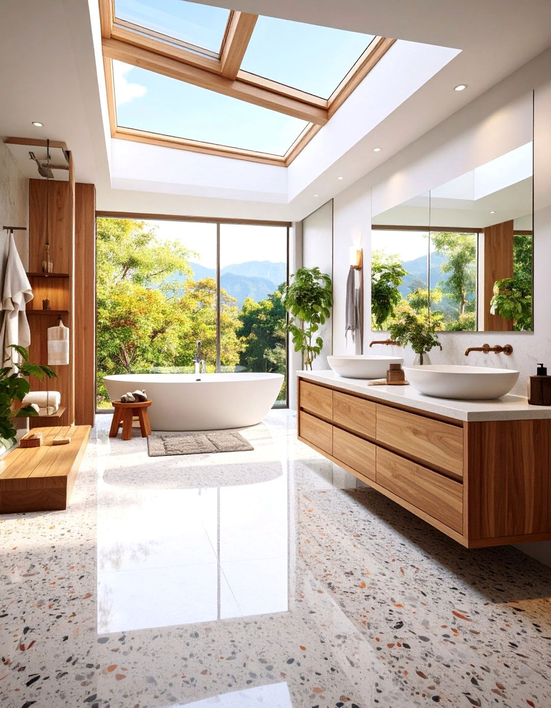 Terrazzo and Teak Combination Bathroom - 25 Natural Bathroom Ideas
