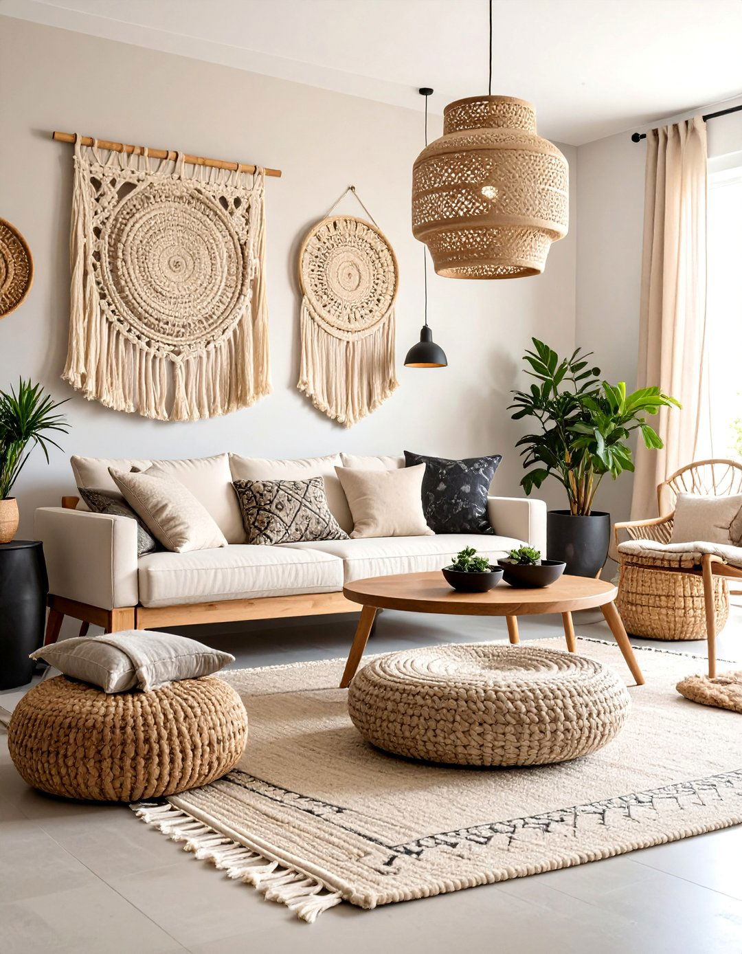 Textile Art Gallery with Woven Elements - 25 Black and White Boho Living Room Ideas
