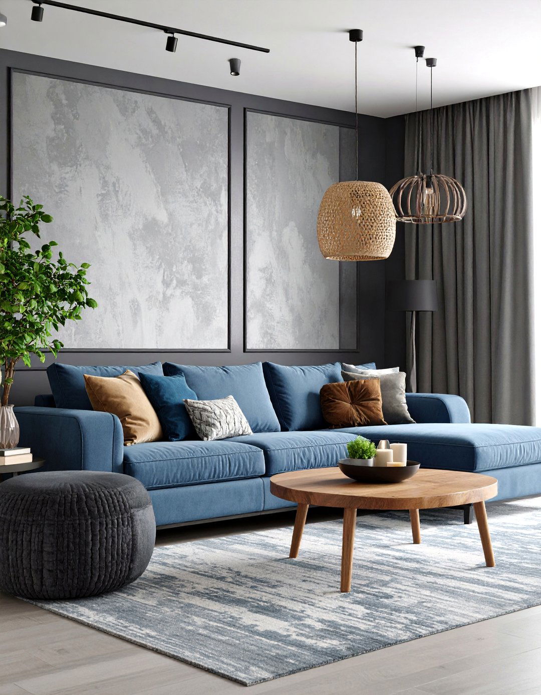 Textured Accent Wall Living Room with Mixed Materials - 25 living room grey walls black trim