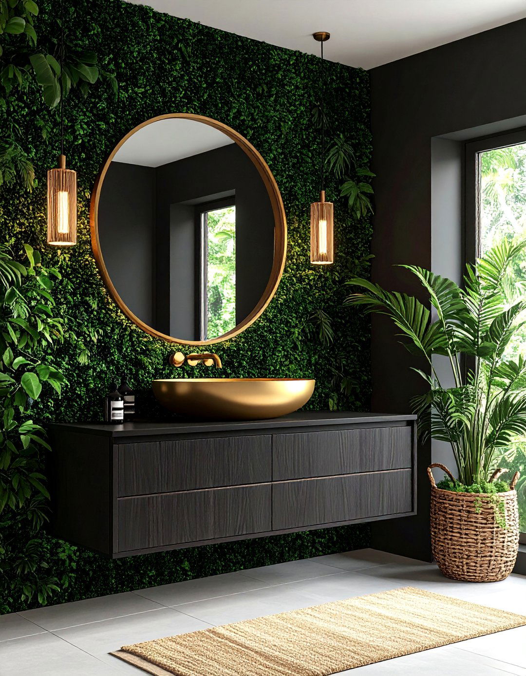 Textured Black Wall Powder Room with Gold Vessel Sink - 25 black and gold powder room ideas