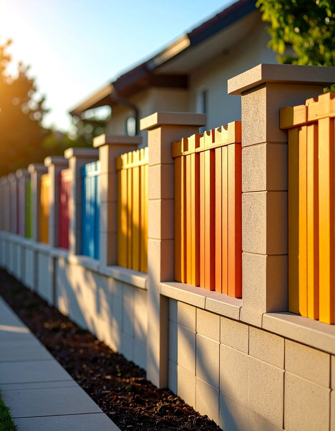 Textured Concrete Block Fence with Shadow Box Design - 25 Concrete Block Fence Ideas