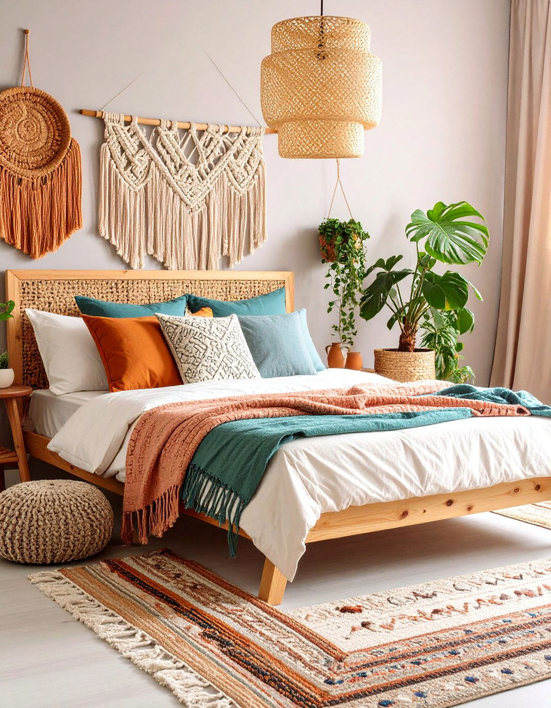 Textured Neutral Bedroom with Woven Wall Art - 25 Relaxing Bedroom Ideas