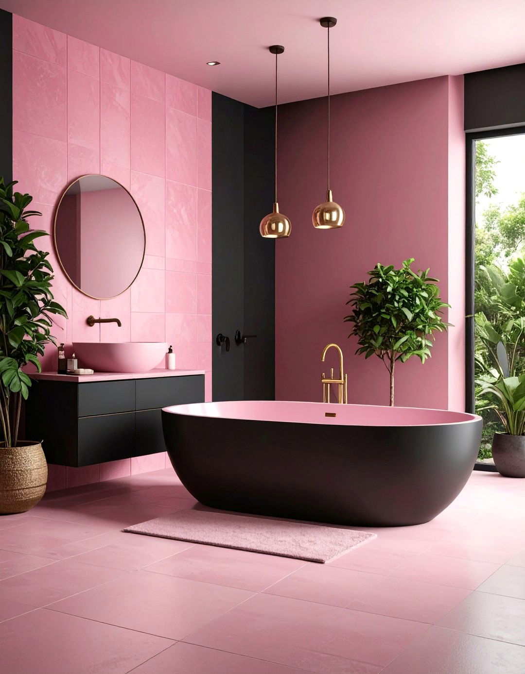 Textured Pink and Black Feature Wall Bathroom - 25 Pink and Black Bathroom Ideas