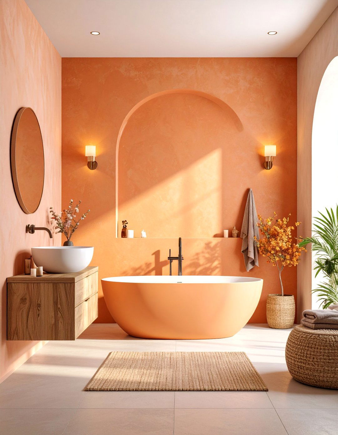 Textured Plaster Walls with Warm Ambient Lighting - 25 Elegant Bathroom Decor Ideas