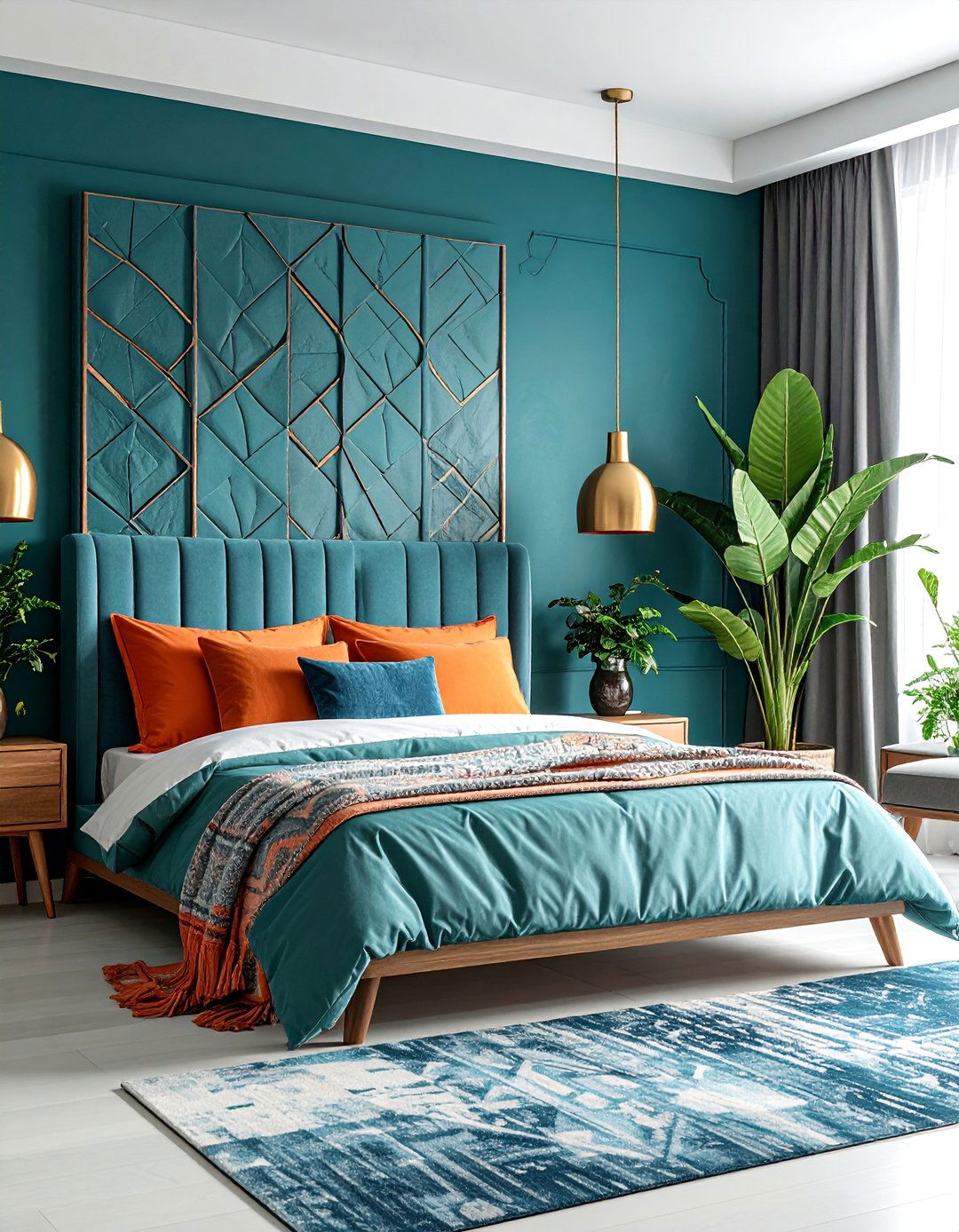 Textured Teal Walls with Orange Pattern Play - 25 Teal and Orange Bedroom Ideas