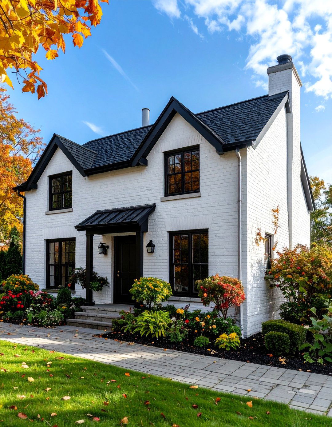 Textured White Brick with Black Accents - 25 Black and White House Exterior Ideas