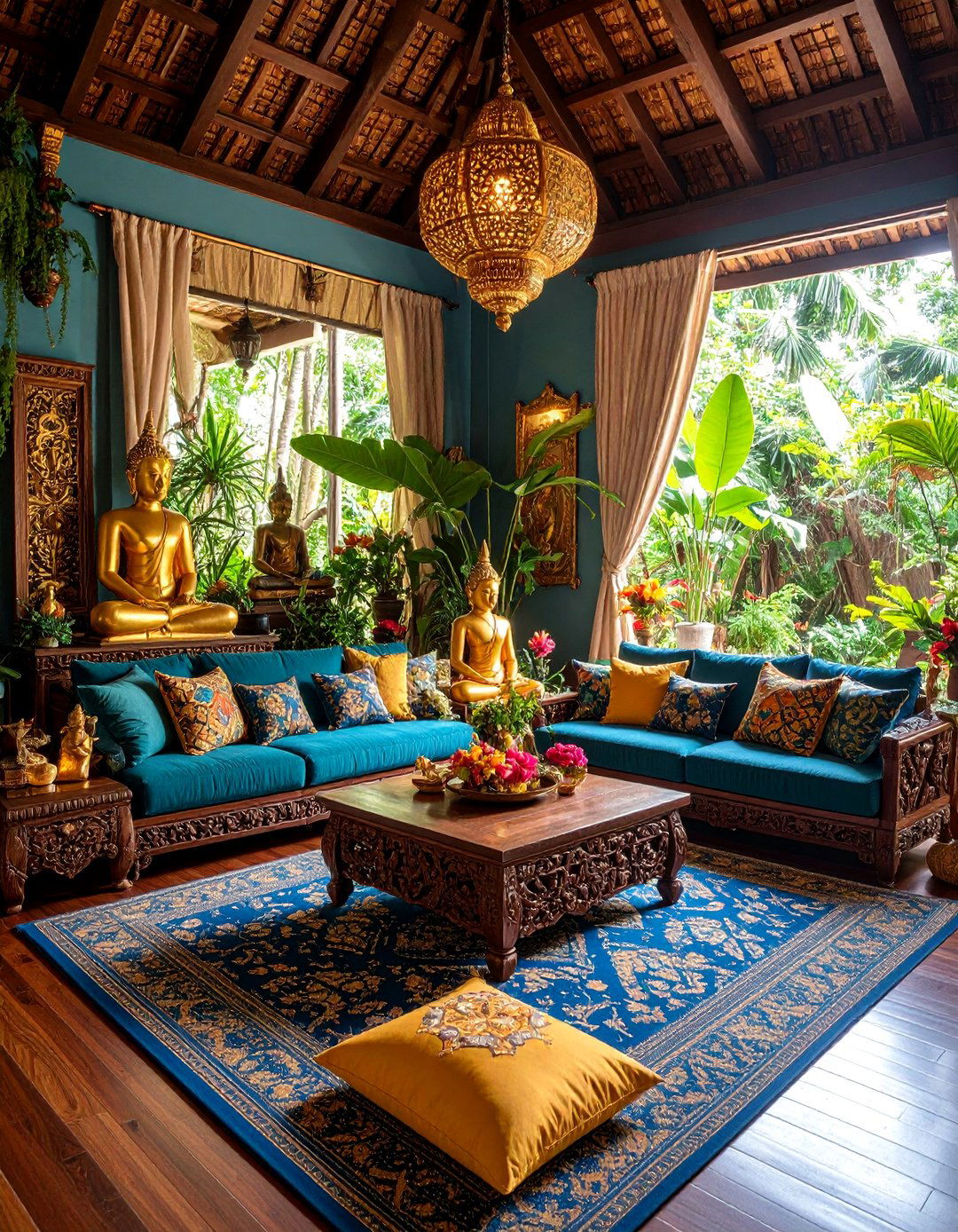 Thai Traditional Living Room with Teak Wood Elements - 25 Asian Living Room Ideas