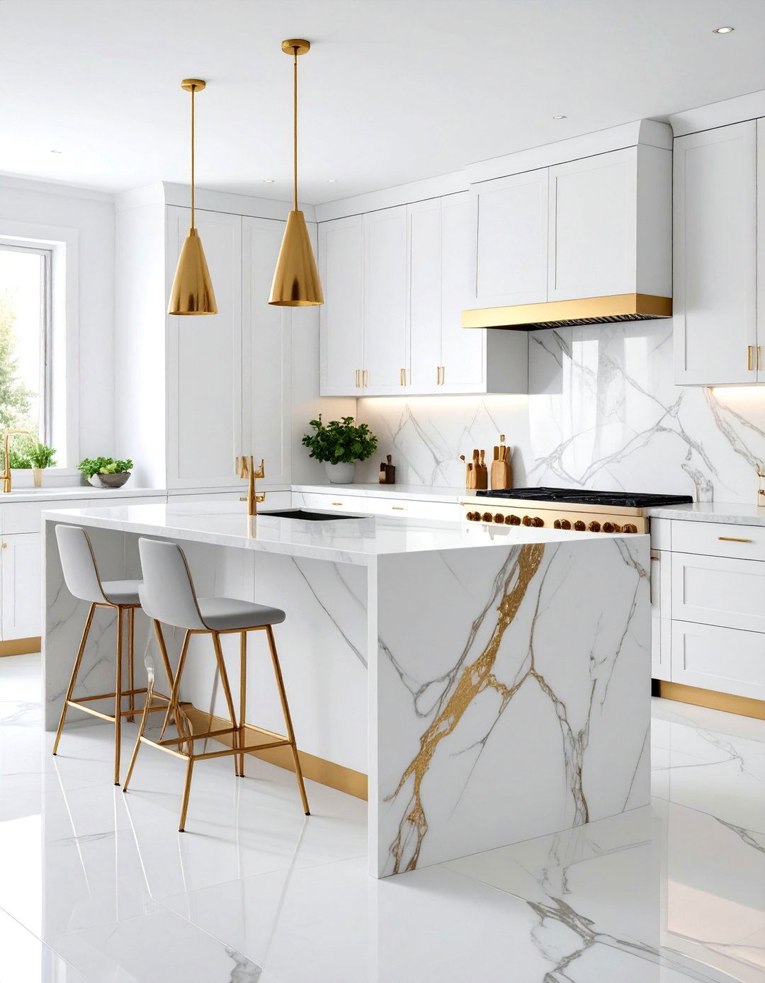 Thassos White Marble with Gold Leaf Details - 25 White and Gold Kitchen Backsplash Ideas