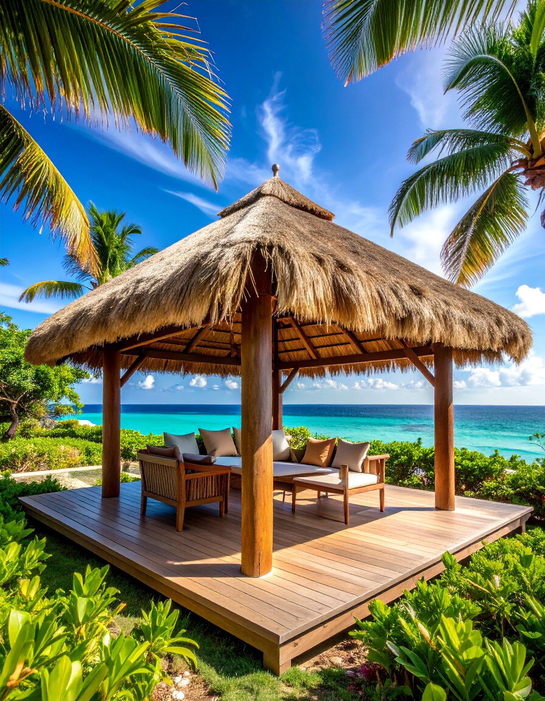 Thatched Roof Pergola with Natural Tropical Styling - 25 Pergola Shade Ideas