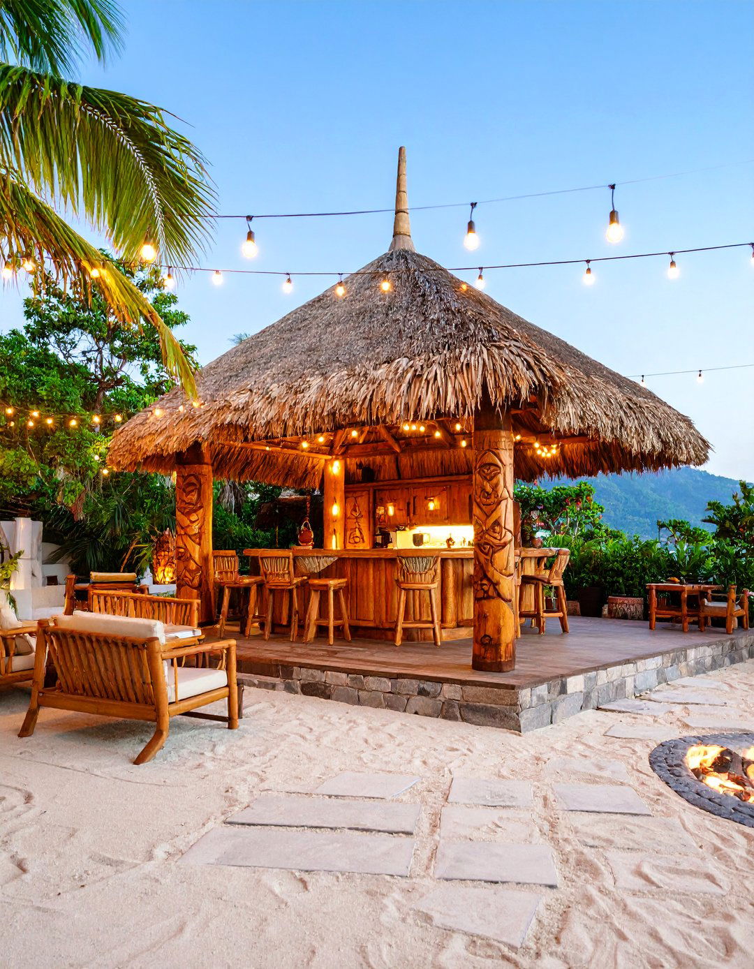 Thatched Tiki Bar Patio with Bamboo Lounge Area - 25 Tropical Patio Ideas