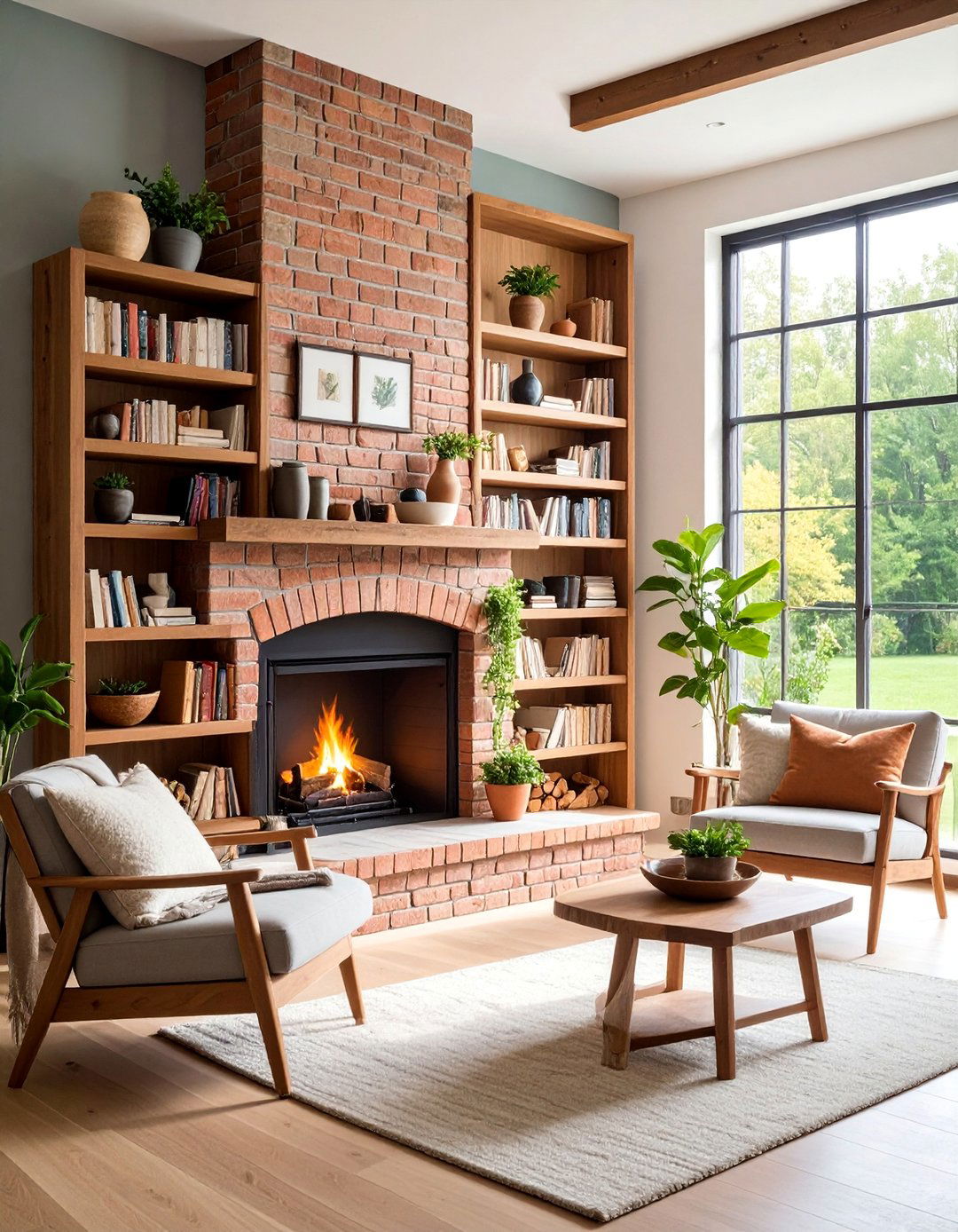 Thin Brick Fireplace with Built in Shelving - 25 Rustic Living Room With a Brick Fireplace Ideas