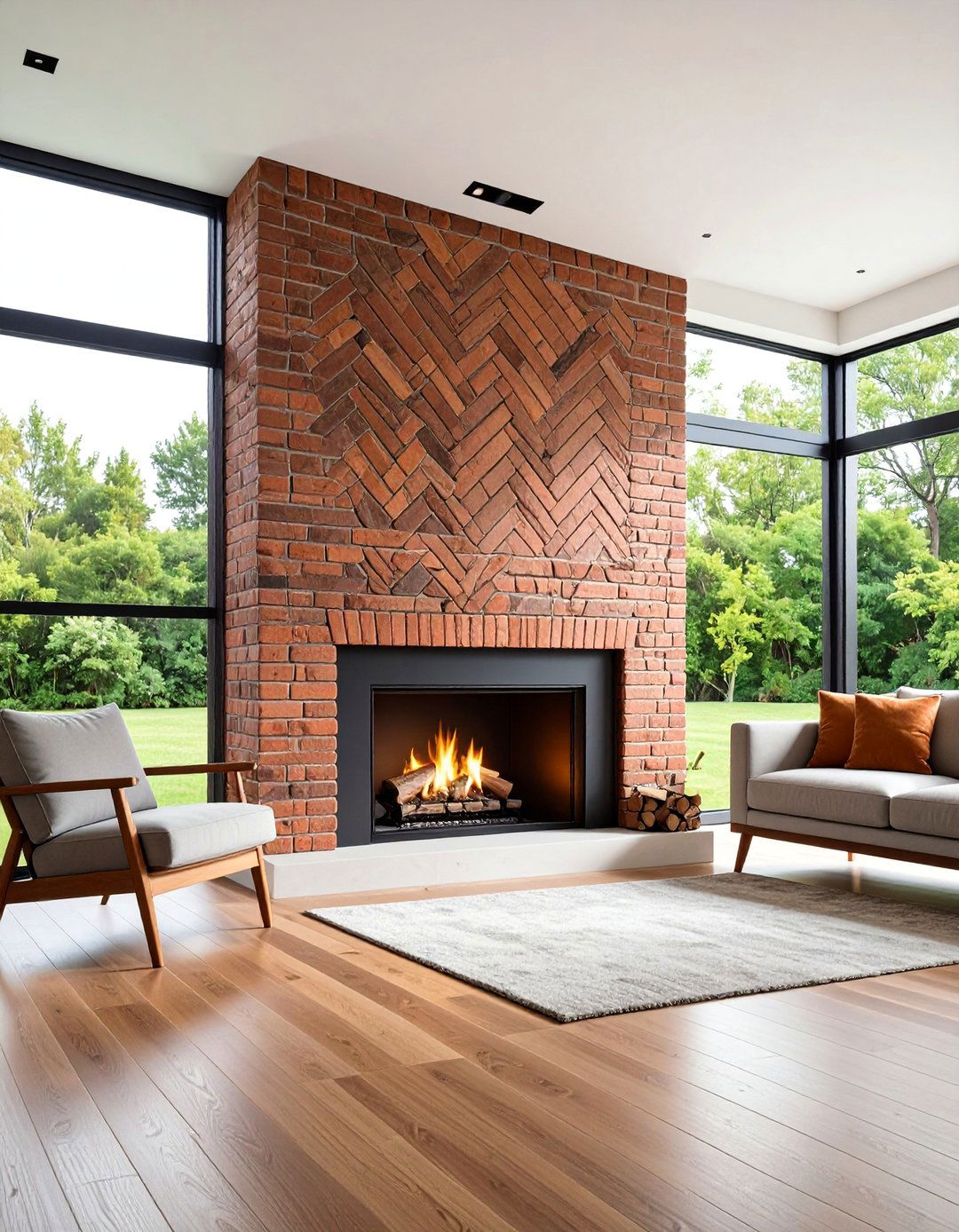 Thin Brick Fireplace with Geometric Pattern Design - 25 Brick Fireplace Ideas
