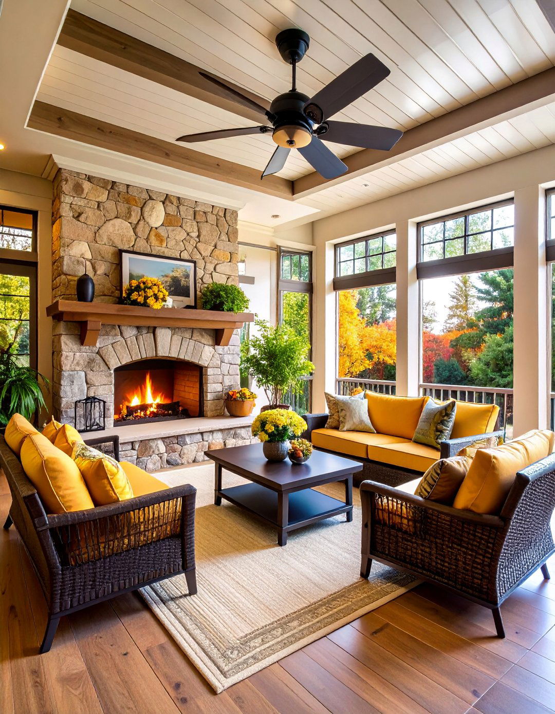 Three Season Screened Porch with Fireplace - 25 Screened-in Porch Ideas
