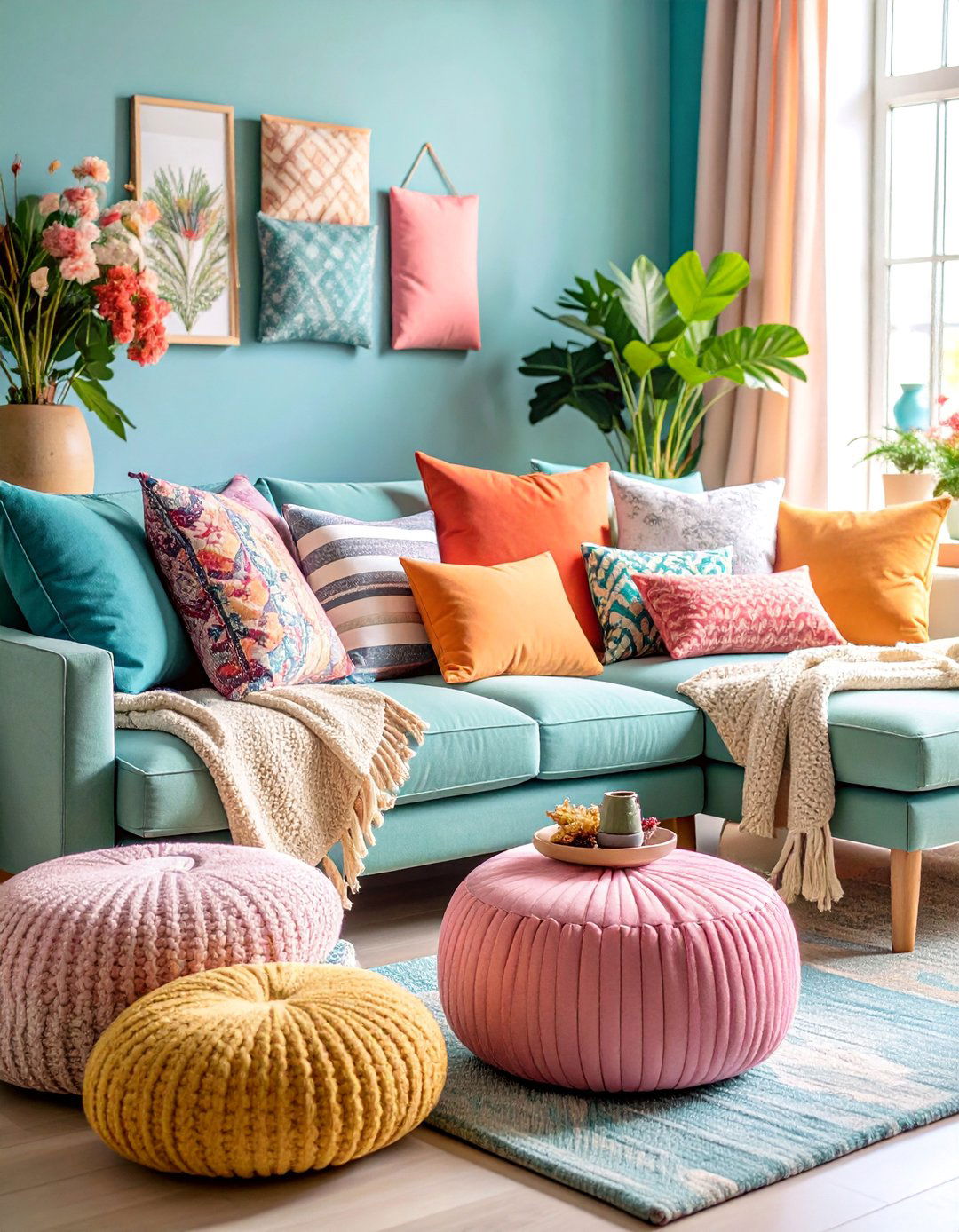 Throw Pillow Comfort Zone with Textural Variety - 25 Housewarming Decoration Ideas
