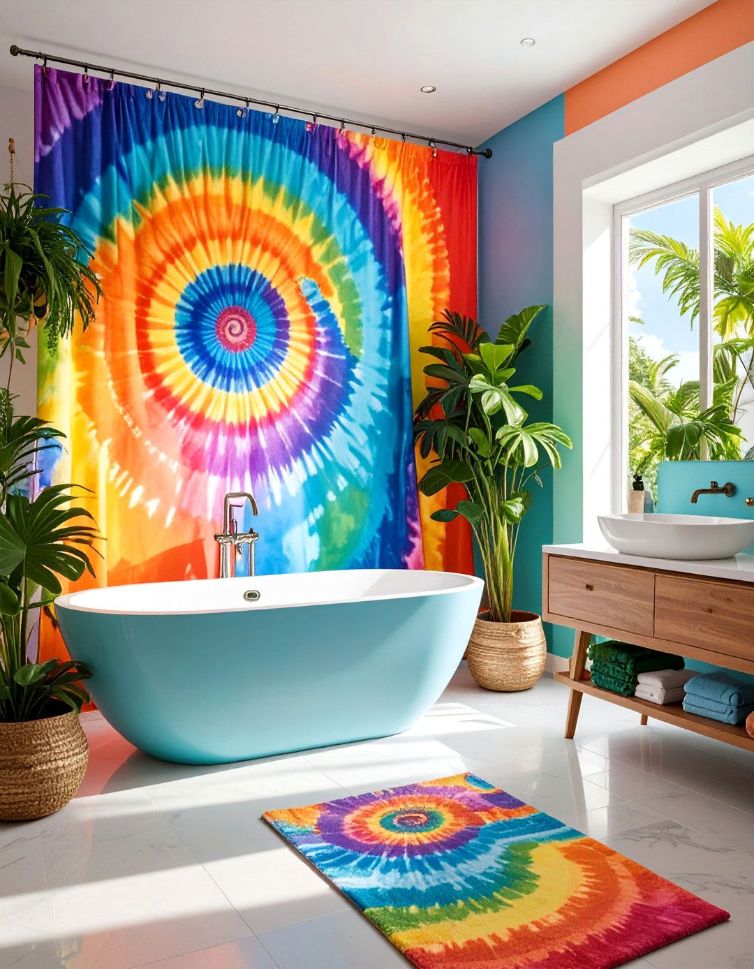Tie Dye Bathroom Curtains with Psychedelic Energy - 25 bathroom curtain ideas