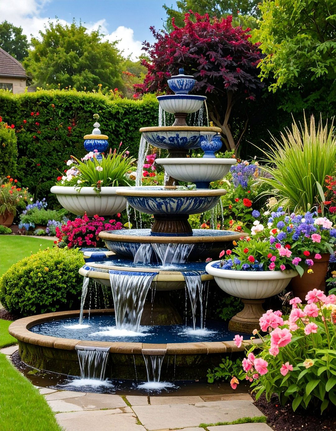 Tiered Ceramic Bowl Cascade - 25 Backyard Waterfall Ideas