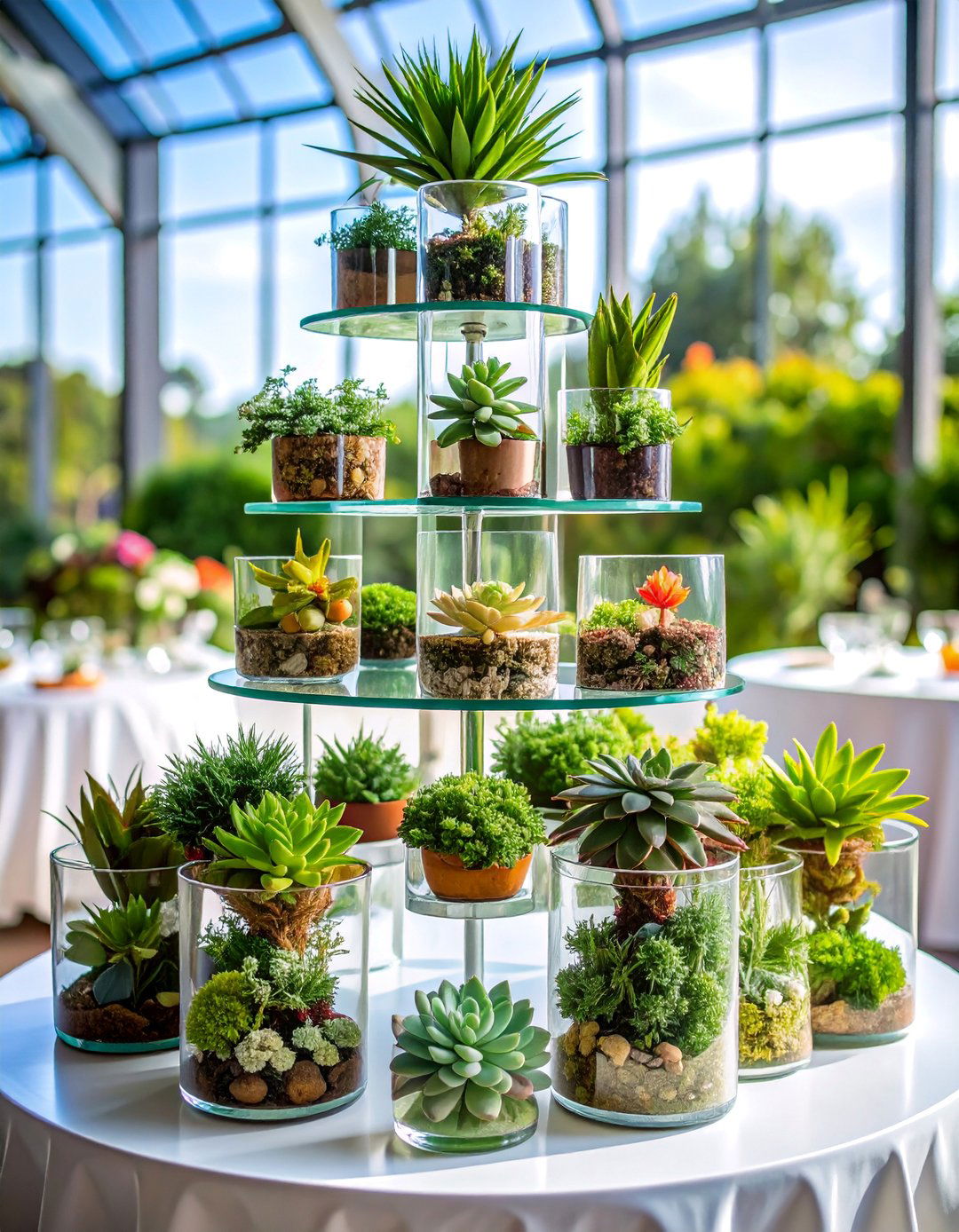 Tiered Glass Vessel Garden Display - 25 Tall Wedding Centerpiece Ideas