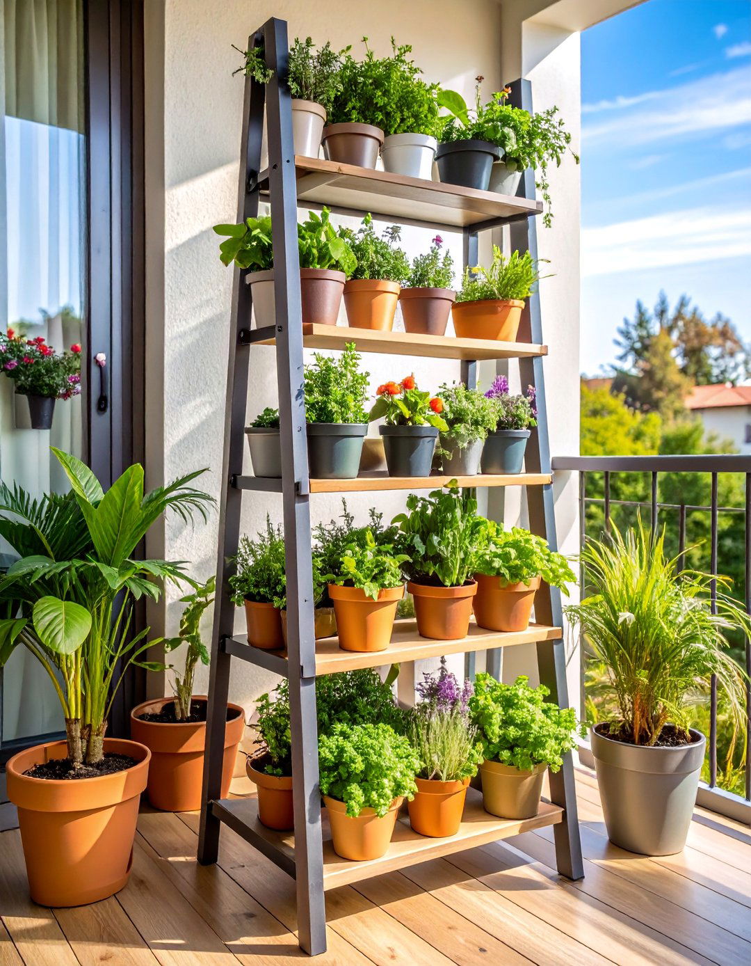 Tiered Ladder Plant Stand Garden - 25 Balcony Garden Ideas