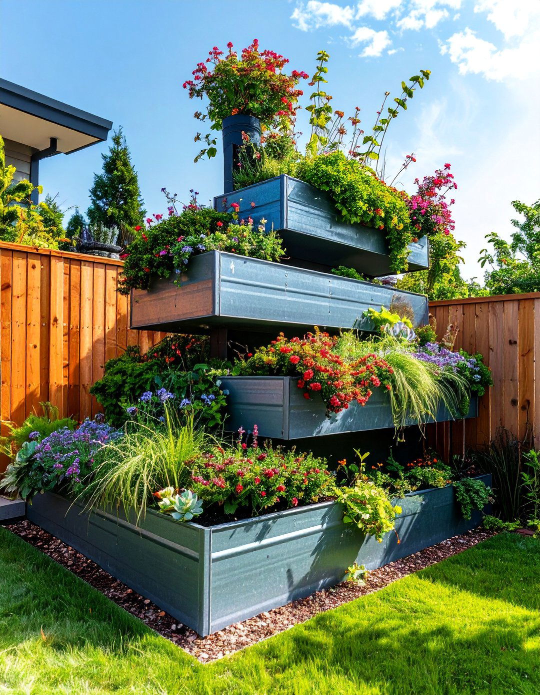 Tiered Metal Corner Garden with Cascading Plants - 25 Raised Garden Bed Along Fence Ideas
