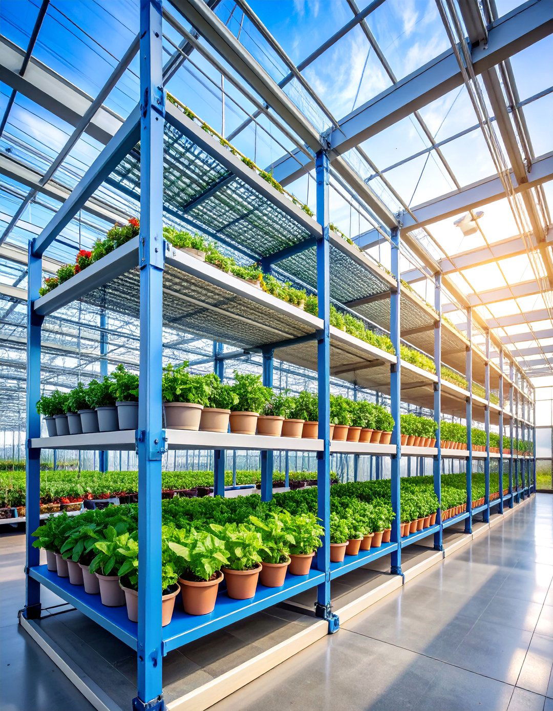 Tiered Metal Greenhouse Shelving with Wire Mesh Surfaces - 25 Greenhouse Shelving Ideas