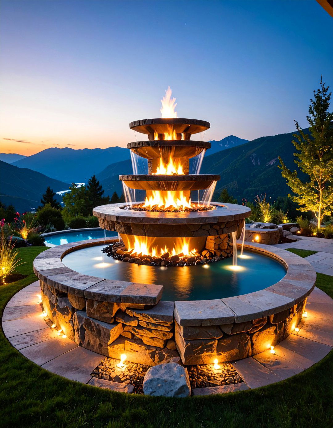 Tiered Stone Fire Pit with Water Feature Integration - 25 Wood Burning Fire Pit Ideas